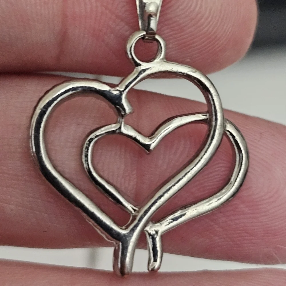 Vintage Silver Double Open Heart CZ Pendant Necklace